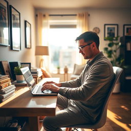 A focused man sitting in a cozy, modern room typing intently on a laptop