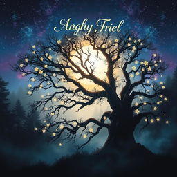 A captivating book cover design featuring an ancient, mysterious forest bathed in soft, ethereal moonlight