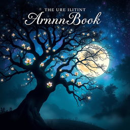 A captivating book cover design featuring an ancient, mysterious forest bathed in soft, ethereal moonlight