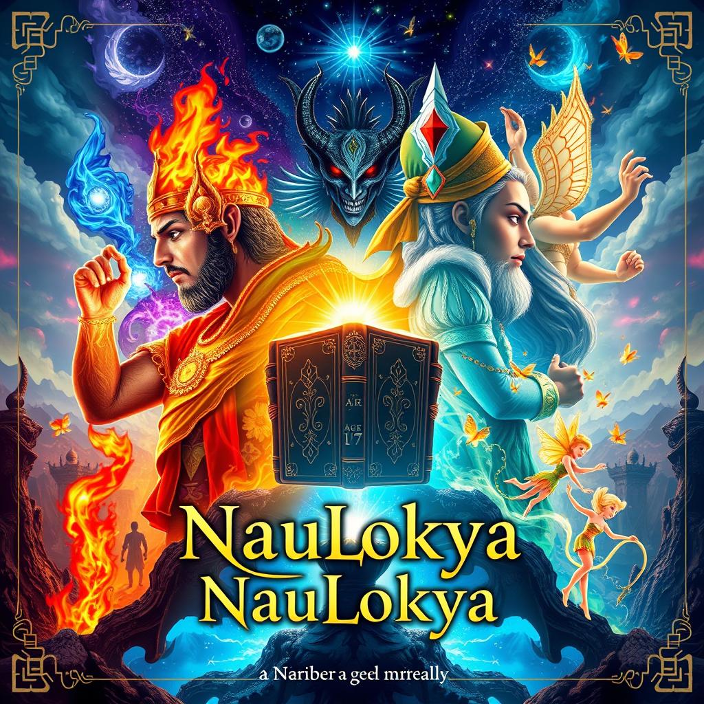 An enchanting front and back book cover design for an A4-sized fantasy novel titled 'NauLokya'