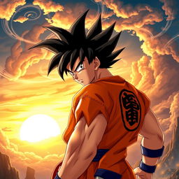 An epic portrayal of Goku in his custom orange form, showcasing his signature spiky black hair, intense expression, and powerful stance