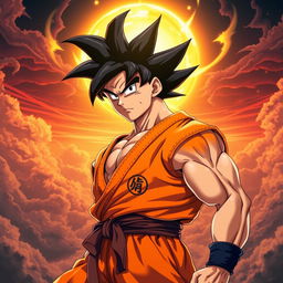 An epic portrayal of Goku in his custom orange form, showcasing his signature spiky black hair, intense expression, and powerful stance