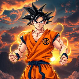An epic portrayal of Goku in his custom orange form, showcasing his signature spiky black hair, intense expression, and powerful stance