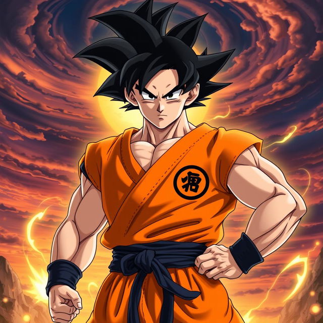 An epic portrayal of Goku in his custom orange form, showcasing his signature spiky black hair, intense expression, and powerful stance