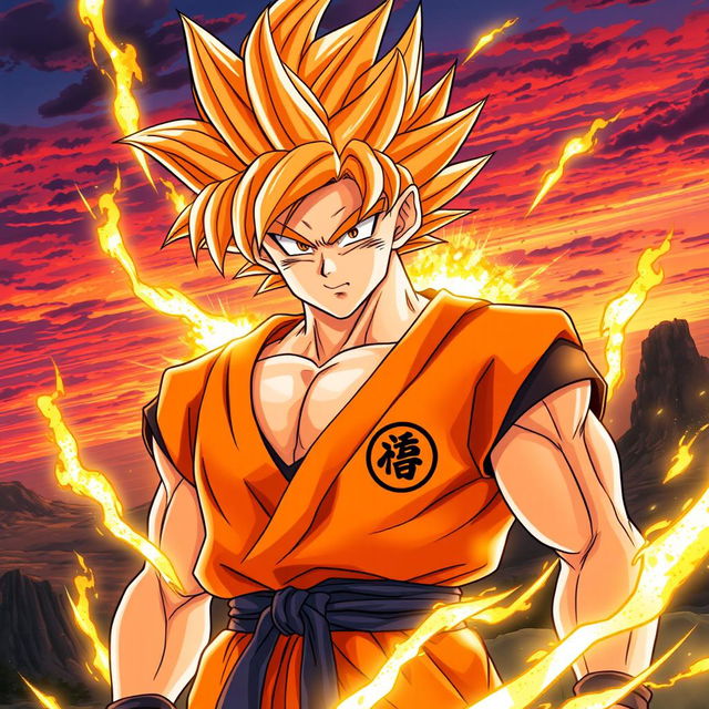 An intense illustration of Goku in his custom Super Saiyan orange form, featuring striking orange hair that stands out against his vibrant orange gi