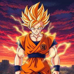 An intense illustration of Goku in his custom Super Saiyan orange form, featuring striking orange hair that stands out against his vibrant orange gi