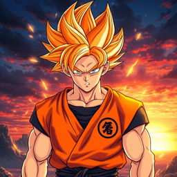 An intense illustration of Goku in his custom Super Saiyan orange form, featuring striking orange hair that stands out against his vibrant orange gi