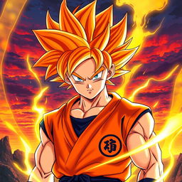 An intense illustration of Goku in his custom Super Saiyan orange form, featuring striking orange hair that stands out against his vibrant orange gi
