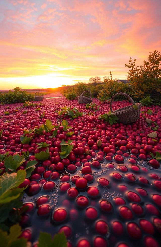 A picturesque scene of a bountiful cranberry bog during the fall harvest season, with bright red cranberries floating atop sparkling water, surrounded by lush green foliage and golden autumn leaves