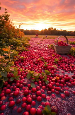 A picturesque scene of a bountiful cranberry bog during the fall harvest season, with bright red cranberries floating atop sparkling water, surrounded by lush green foliage and golden autumn leaves