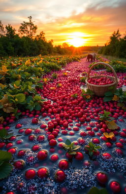 A picturesque scene of a bountiful cranberry bog during the fall harvest season, with bright red cranberries floating atop sparkling water, surrounded by lush green foliage and golden autumn leaves