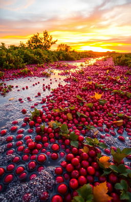 A picturesque scene of a bountiful cranberry bog during the fall harvest season, with bright red cranberries floating atop sparkling water, surrounded by lush green foliage and golden autumn leaves