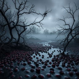 A hauntingly beautiful scene of a desolate cranberry bog at twilight, shrouded in mist and shadows, where dark, rich red cranberries appear almost like droplets of blood floating in murky water