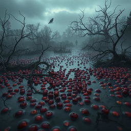A hauntingly beautiful scene of a desolate cranberry bog at twilight, shrouded in mist and shadows, where dark, rich red cranberries appear almost like droplets of blood floating in murky water