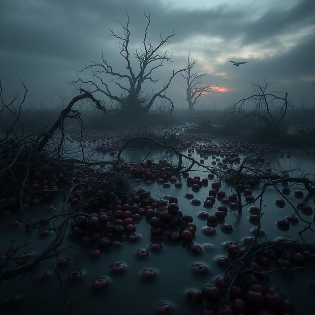 A hauntingly beautiful scene of a desolate cranberry bog at twilight, shrouded in mist and shadows, where dark, rich red cranberries appear almost like droplets of blood floating in murky water