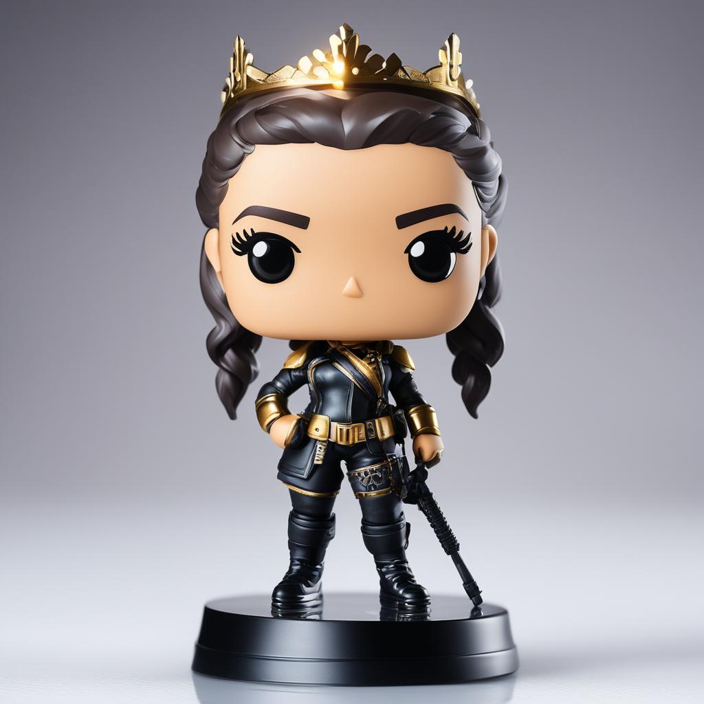 A 32k HD editorial photo of a detailed Fortnite Lexa Funko Pop doll standing on a reflective surface against a blurred white background