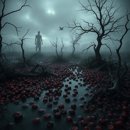 A hauntingly beautiful scene of a desolate cranberry bog at twilight, shrouded in mist and shadows, where dark, rich red cranberries appear almost like droplets of blood floating in murky water