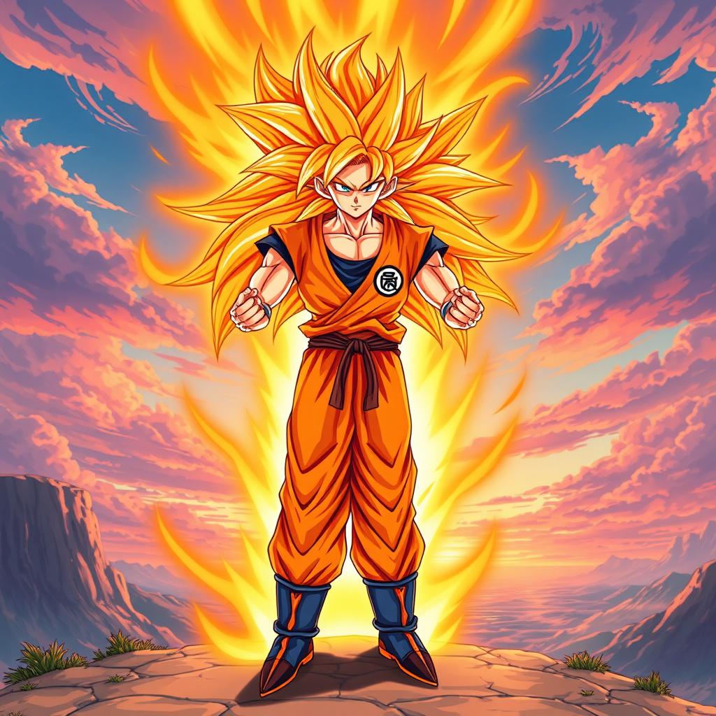 A full-body illustration of Goku in his custom Super Saiyan orange form, featuring striking orange hair that flows majestically around him