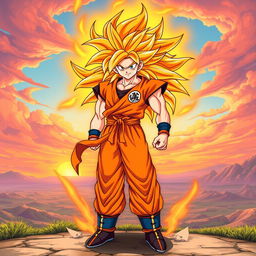 A full-body illustration of Goku in his custom Super Saiyan orange form, featuring striking orange hair that flows majestically around him