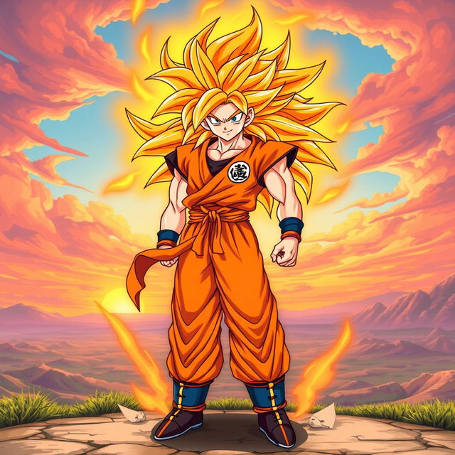 A full-body illustration of Goku in his custom Super Saiyan orange form, featuring striking orange hair that flows majestically around him