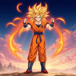 A full-body illustration of Goku in his custom Super Saiyan orange form, featuring striking orange hair that flows majestically around him