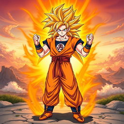 A full-body illustration of Goku in his custom Super Saiyan orange form, featuring striking orange hair that flows majestically around him