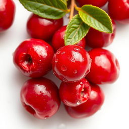 A vivid close-up of fresh cranberries, glistening with droplets of water, their deep red color contrasted against a soft white background