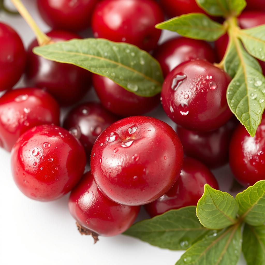 A vivid close-up of fresh cranberries, glistening with droplets of water, their deep red color contrasted against a soft white background