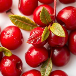 A vivid close-up of fresh cranberries, glistening with droplets of water, their deep red color contrasted against a soft white background