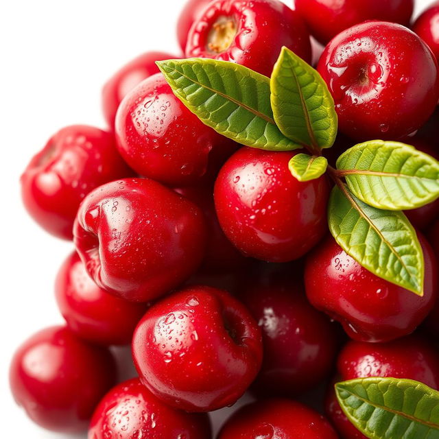 A vivid close-up of fresh cranberries, glistening with droplets of water, their deep red color contrasted against a soft white background