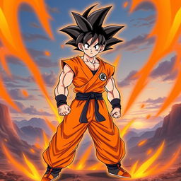 A full-body illustration of Goku in his custom Super Saiyan orange form, featuring his iconic spiky black hair reimagined in a vibrant orange color