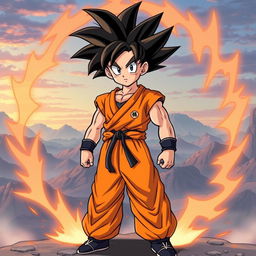 A full-body illustration of Goku in his custom Super Saiyan orange form, featuring his iconic spiky black hair reimagined in a vibrant orange color