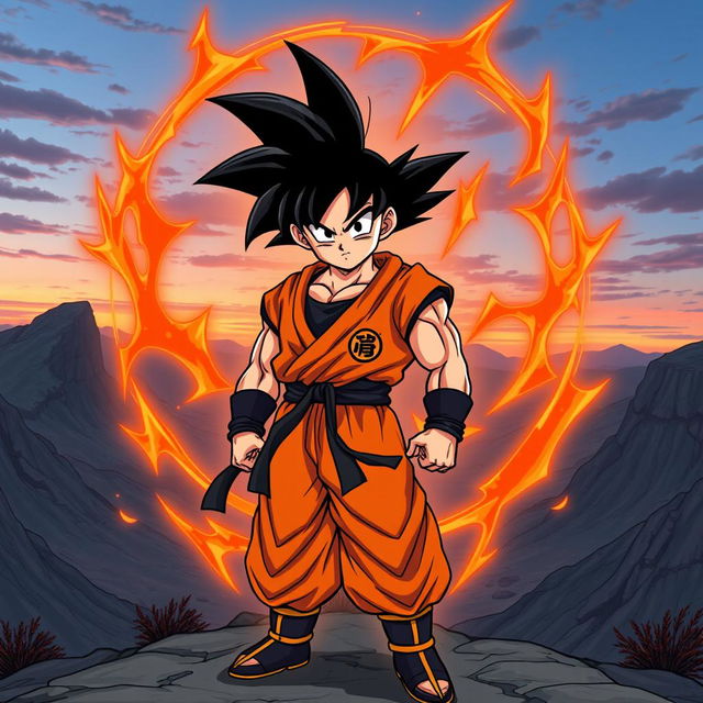 A full-body illustration of Goku in his custom Super Saiyan orange form, featuring his iconic spiky black hair reimagined in a vibrant orange color