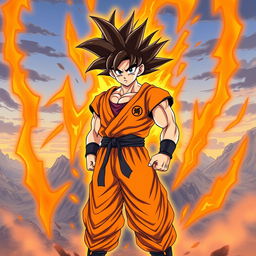 A full-body illustration of Goku in his custom Super Saiyan orange form, featuring his iconic spiky black hair reimagined in a vibrant orange color