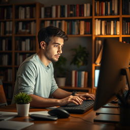 A focused man typing intently on his computer in a cozy room