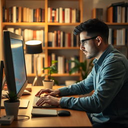 A focused man typing intently on his computer in a cozy room