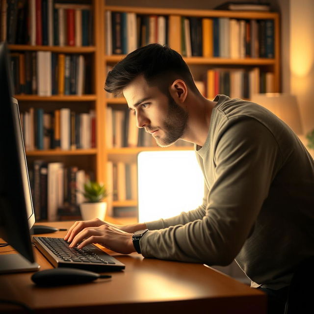 A focused man typing intently on his computer in a cozy room