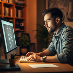 A focused man typing intently on his computer in a cozy room