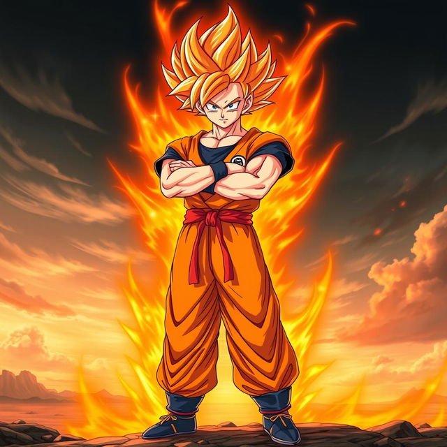 A full-body depiction of Goku in his custom Super Saiyan orange form, featuring his classic spiky hairstyle transformed into a vibrant orange color