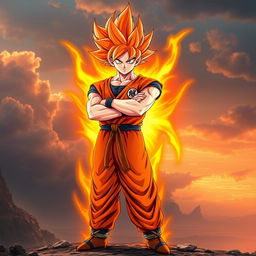 A full-body depiction of Goku in his custom Super Saiyan orange form, featuring his classic spiky hairstyle transformed into a vibrant orange color