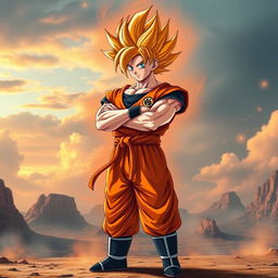 A full-body depiction of Goku in his custom Super Saiyan orange form, featuring his classic spiky hairstyle transformed into a vibrant orange color