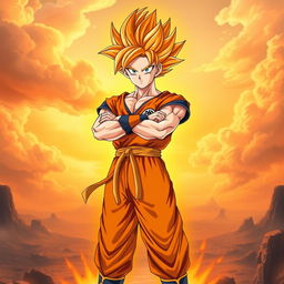 A full-body depiction of Goku in his custom Super Saiyan orange form, featuring his classic spiky hairstyle transformed into a vibrant orange color