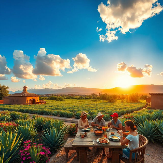 A vibrant and picturesque scene of Jalisco, Mexico, showcasing lush agave fields under a bright blue sky with fluffy white clouds