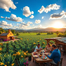 A vibrant and picturesque scene of Jalisco, Mexico, showcasing lush agave fields under a bright blue sky with fluffy white clouds