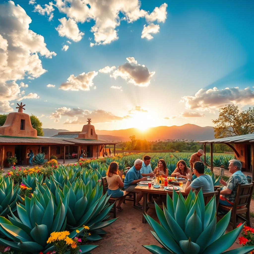 A vibrant and picturesque scene of Jalisco, Mexico, showcasing lush agave fields under a bright blue sky with fluffy white clouds