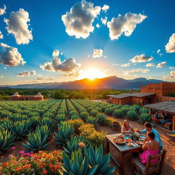 A vibrant and picturesque scene of Jalisco, Mexico, showcasing lush agave fields under a bright blue sky with fluffy white clouds