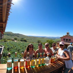 A stunning view of a Jalisco tequila paradise, showcasing vibrant agave fields stretching across rolling hills under a clear blue sky