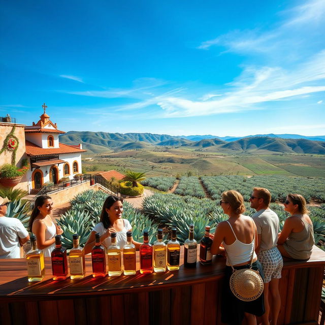 A stunning view of a Jalisco tequila paradise, showcasing vibrant agave fields stretching across rolling hills under a clear blue sky