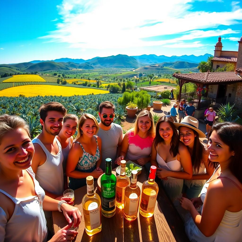 A stunning view of a Jalisco tequila paradise, showcasing vibrant agave fields stretching across rolling hills under a clear blue sky