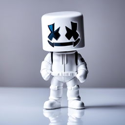 A 32k HD editorial photo of a detailed Fortnite Marshmello Funko Pop final figure standing on a reflective surface against a blurred white background